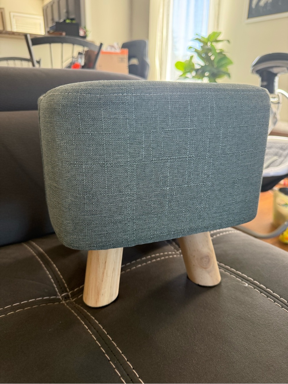 Upholstered Green Accent Stool with Natural Wood Legs